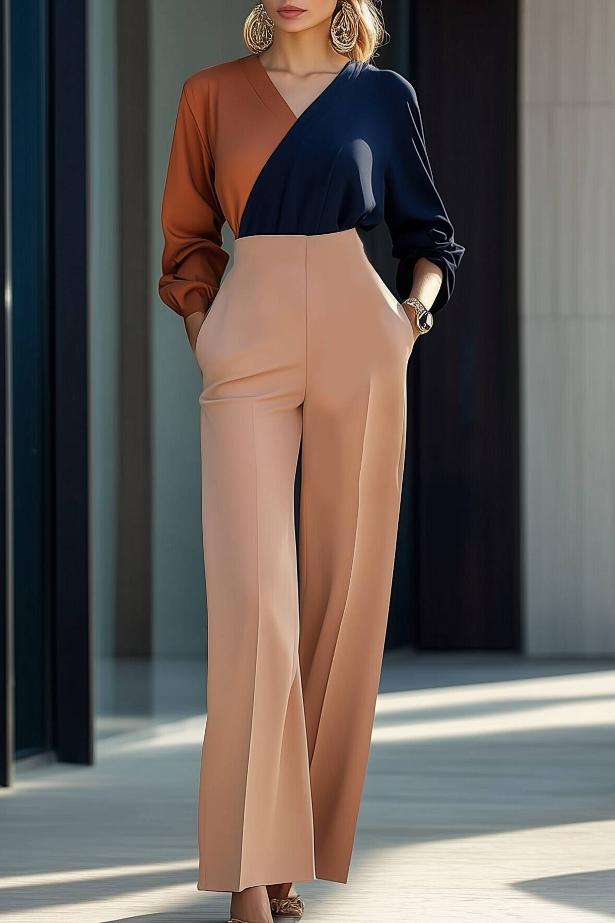 Semi Formal Party Jumpsuit Brown Black V Neck Pocket Jumpsuit