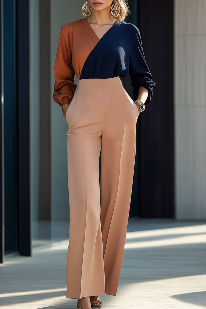 Semi Formal Party Jumpsuit Brown Black V Neck Pocket Jumpsuit