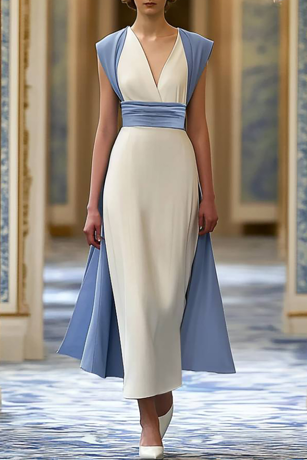 Semi Formal Party Blue White Sleeveless V Neck Midi Dress