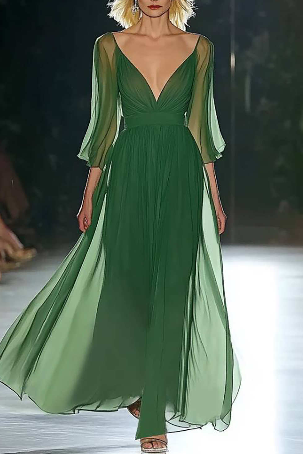 Vacation Dress Green Chiffon Deep V Maxi Dress