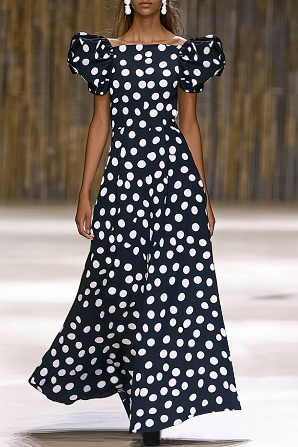 Holiday Party Dress Black White Polka Dot Puff Sleeve Maxi Dress