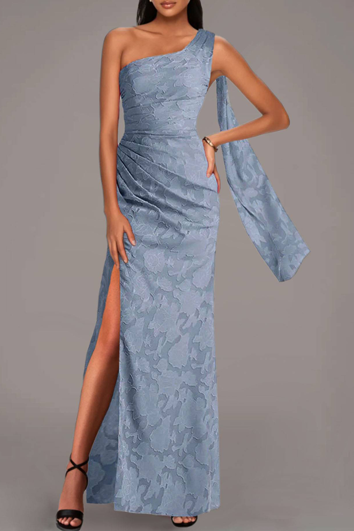 Holiday Party Dress Blue One Shoulder Side Slit Maxi Dress