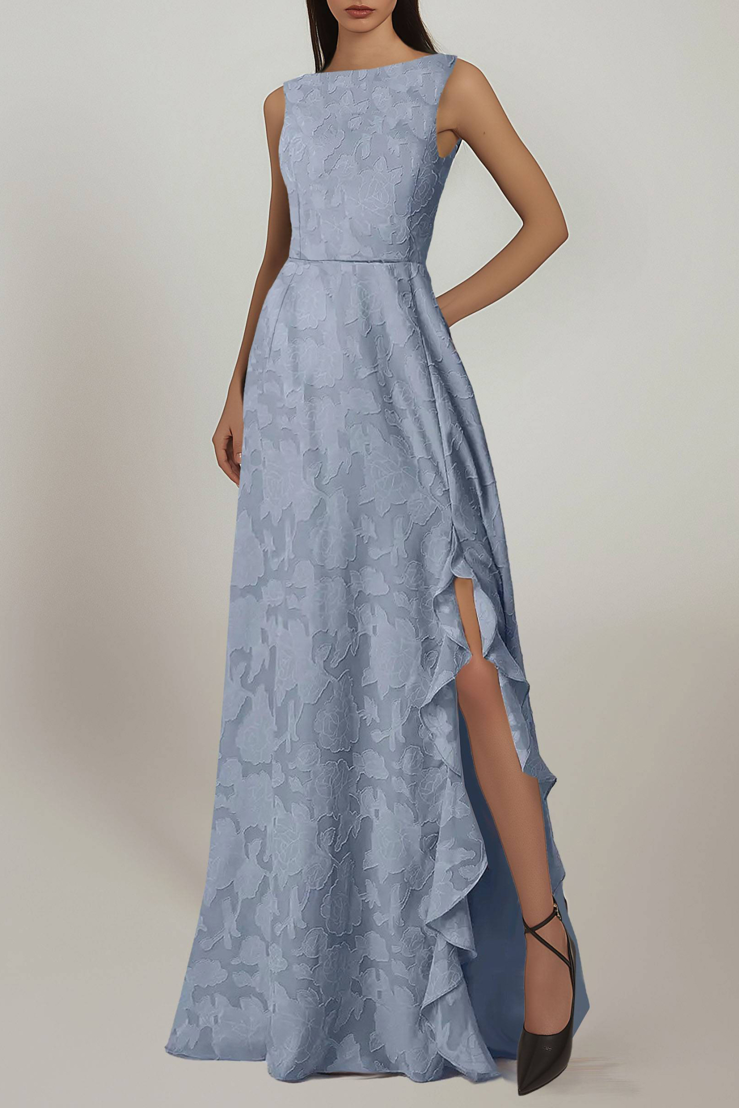 Formal Evening Dress Blue Sleeveless Side Slit Ruffle Floor-Length Gown