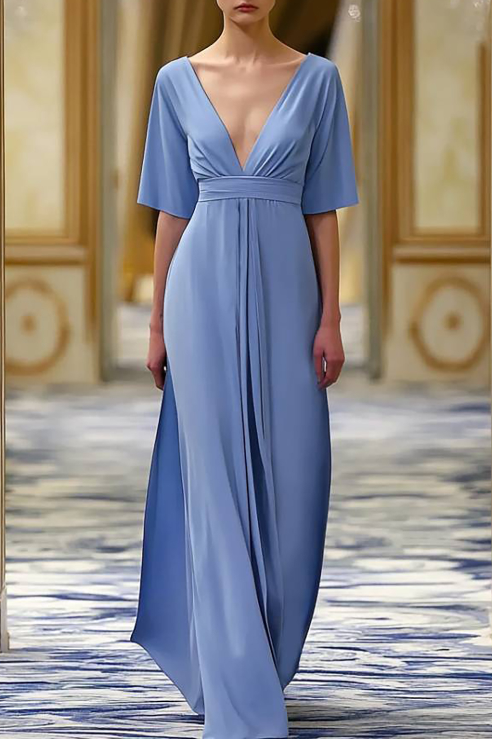 Vacation Dress Blue Deep V Half Sleeve Loose Floor-Length Dress