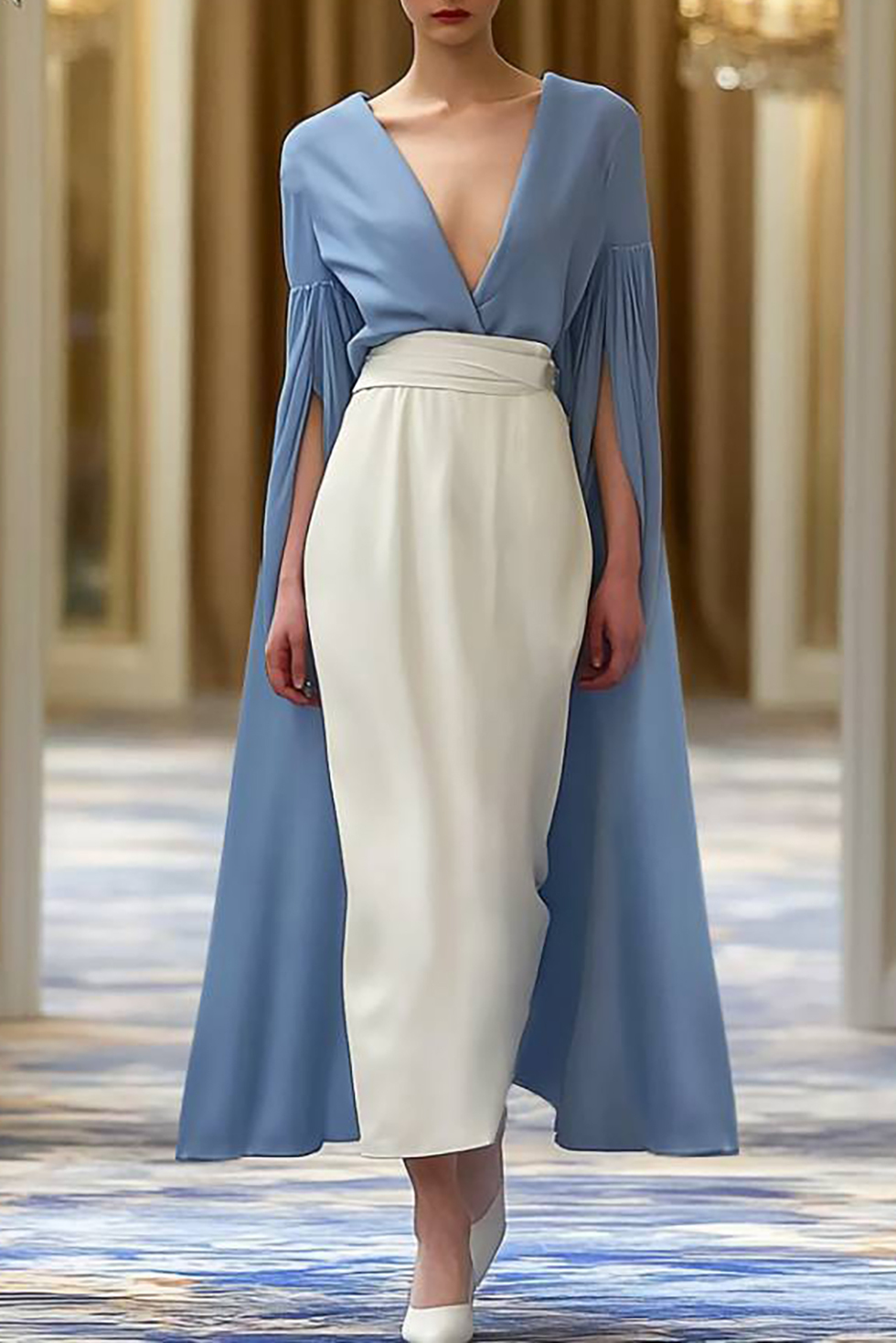 Semiformal Party Dress Blue White Deep V Cape Sleeve Midi Dress