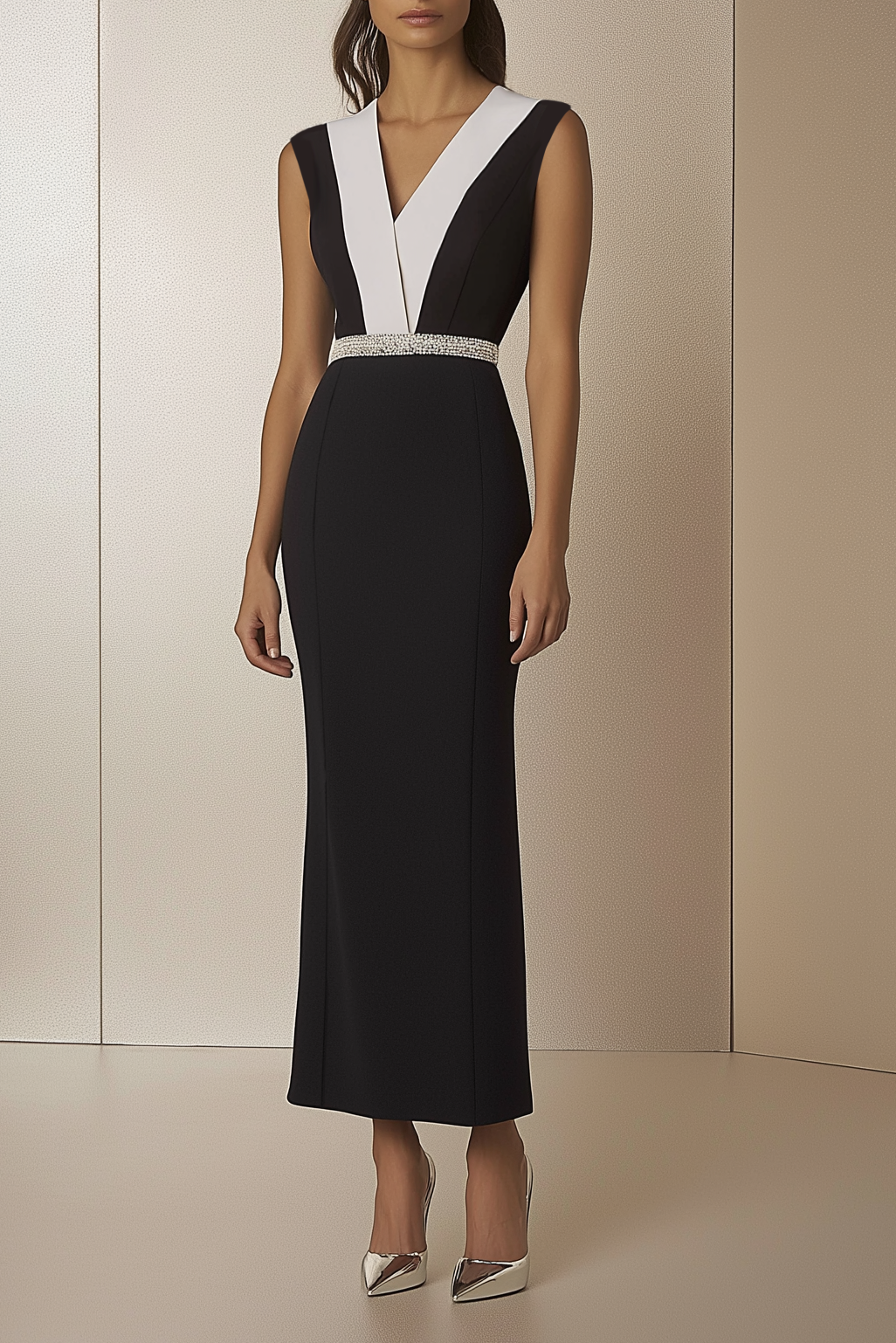 Work Semi Formal Dress Black White Sleeveless Bodycon Maxi Dress
