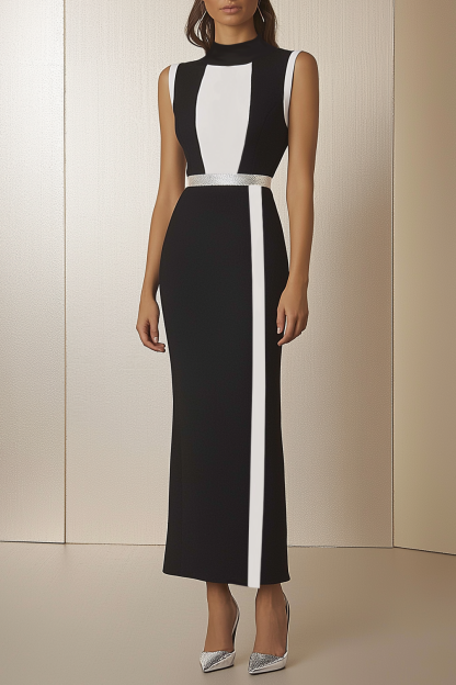 Semi Formal Party Dress Black White Stand Collar Sleeveless Bodycon Maxi Dress
