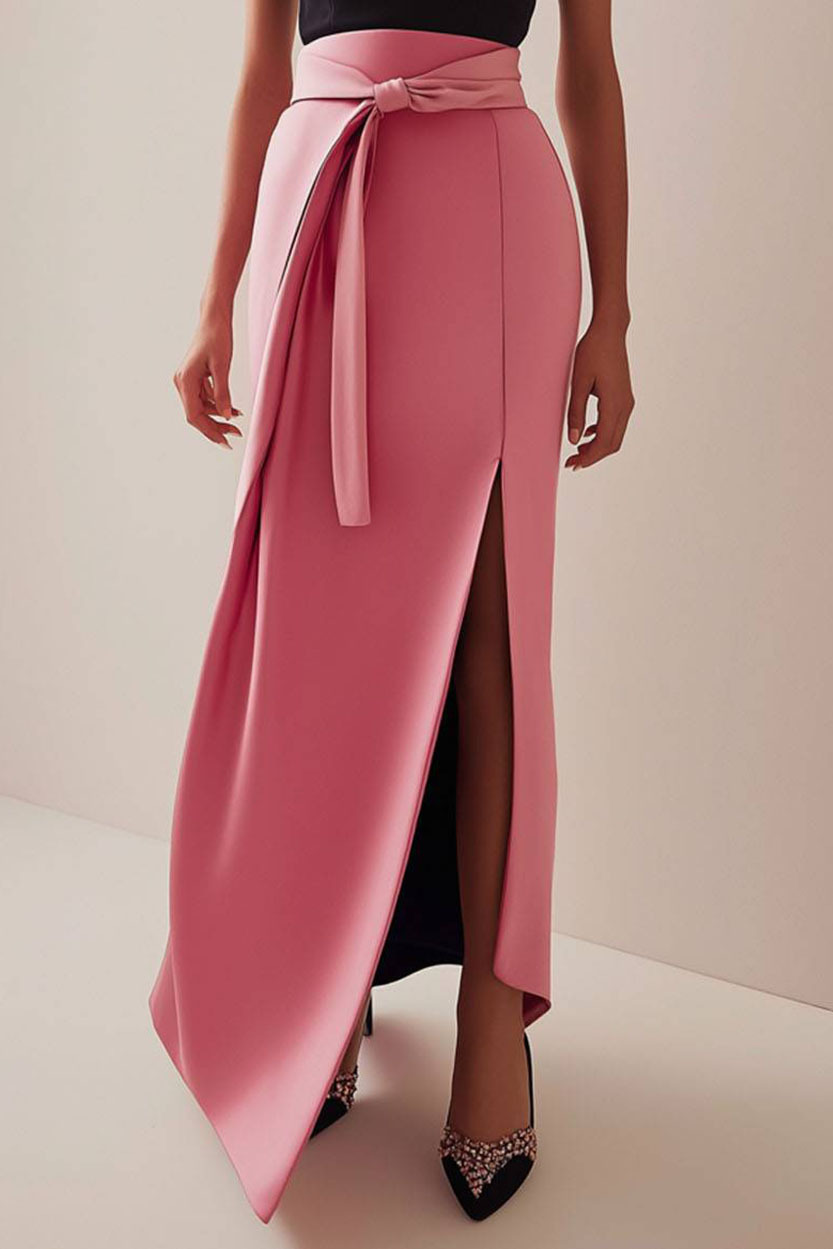 Elegant Color-Block Dress Off-Shoulder Front Slit Belted Maxi Dress