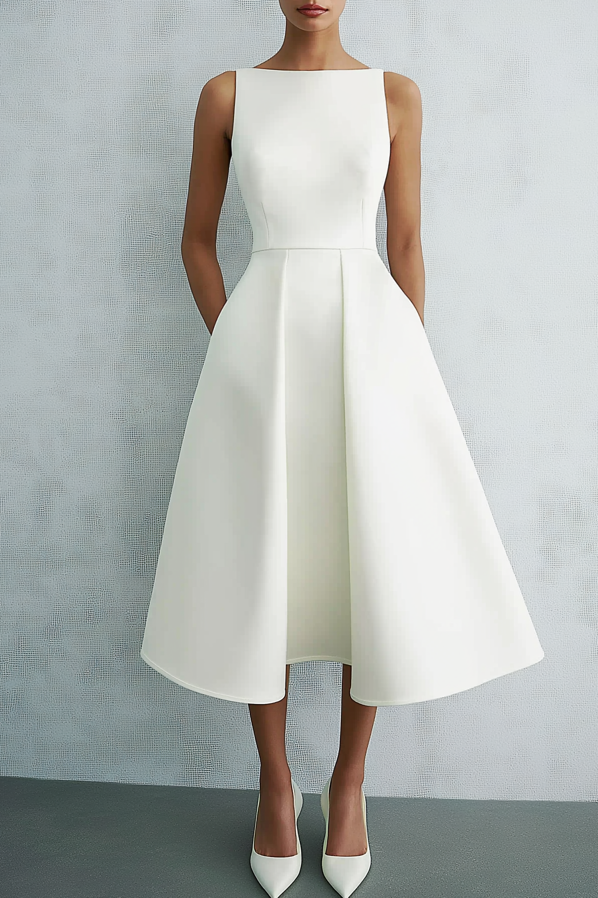 Semi Formal Party Dress White A-Line Round Neck Sleeveless Pocket Midi Dress