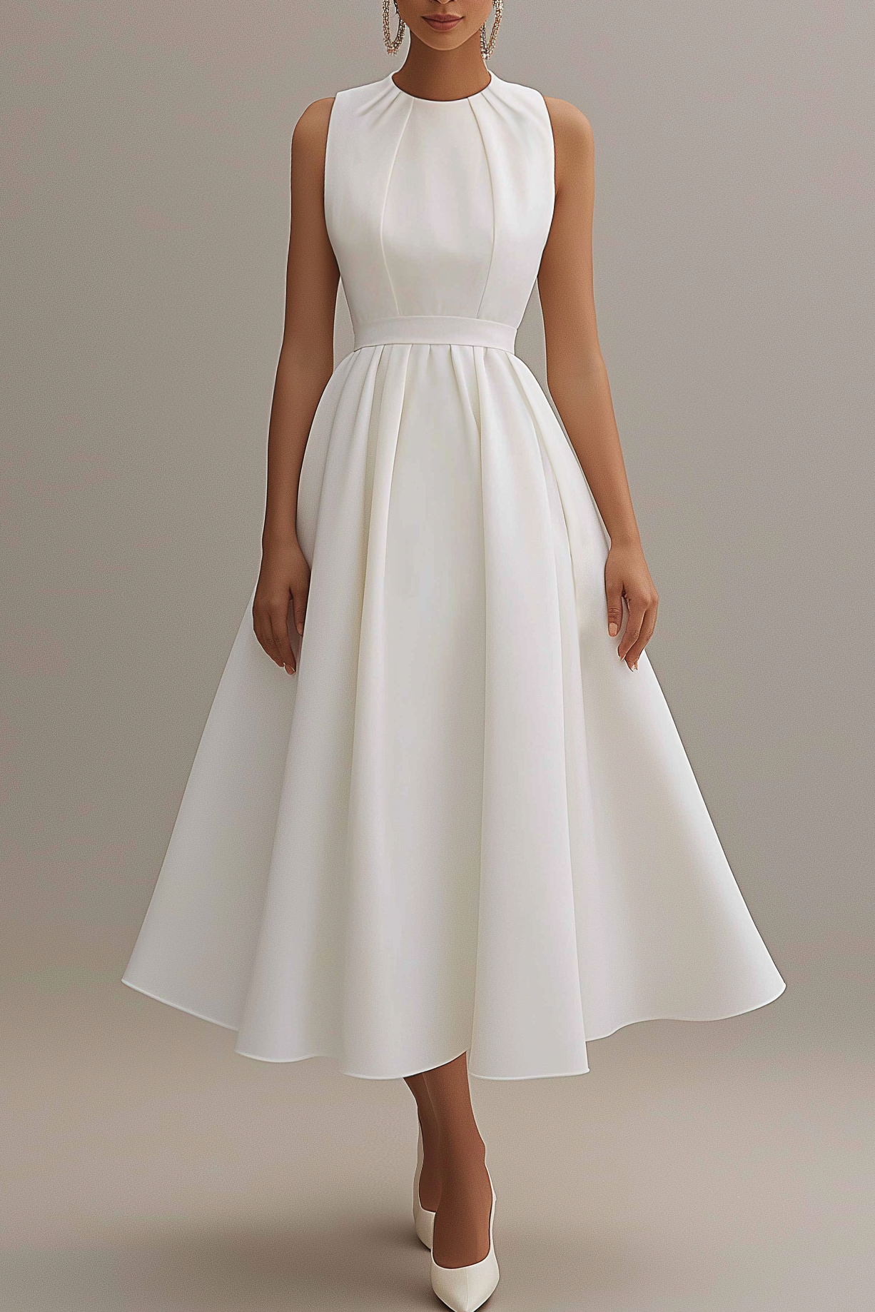 Semi Formal Party Dress White Round Neck Sleeveless A-Line Midi Dress