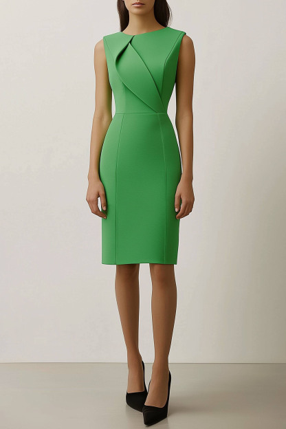 Work Semi Formal Dress Green Round Neck Sleeveless Knee Length Dress