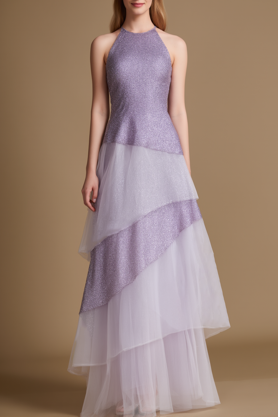 Party Tiered Dress Purple Halter Neck Mesh Dress