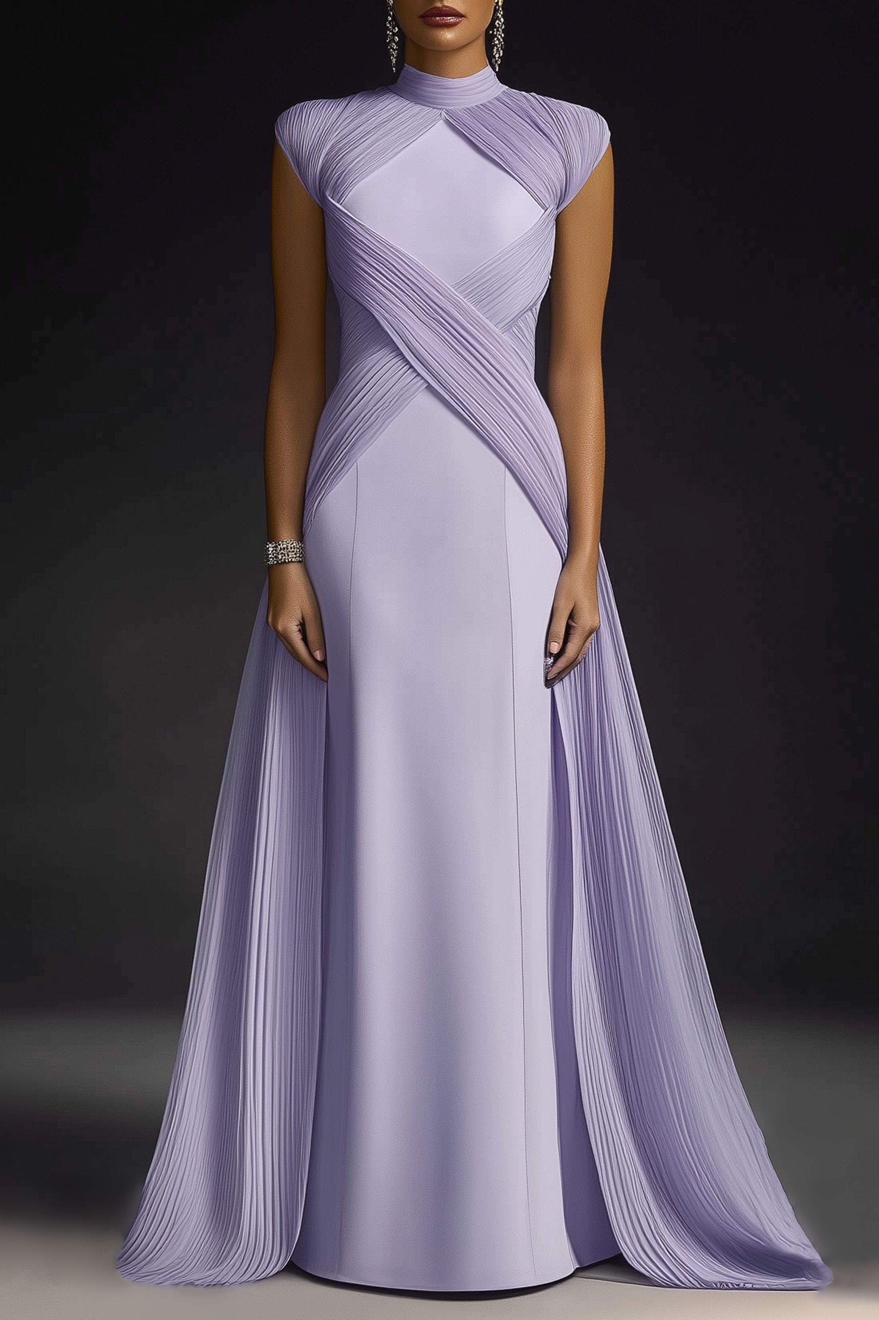 Formal Evening Dress Purple Stand Collar Pleated Train Gown