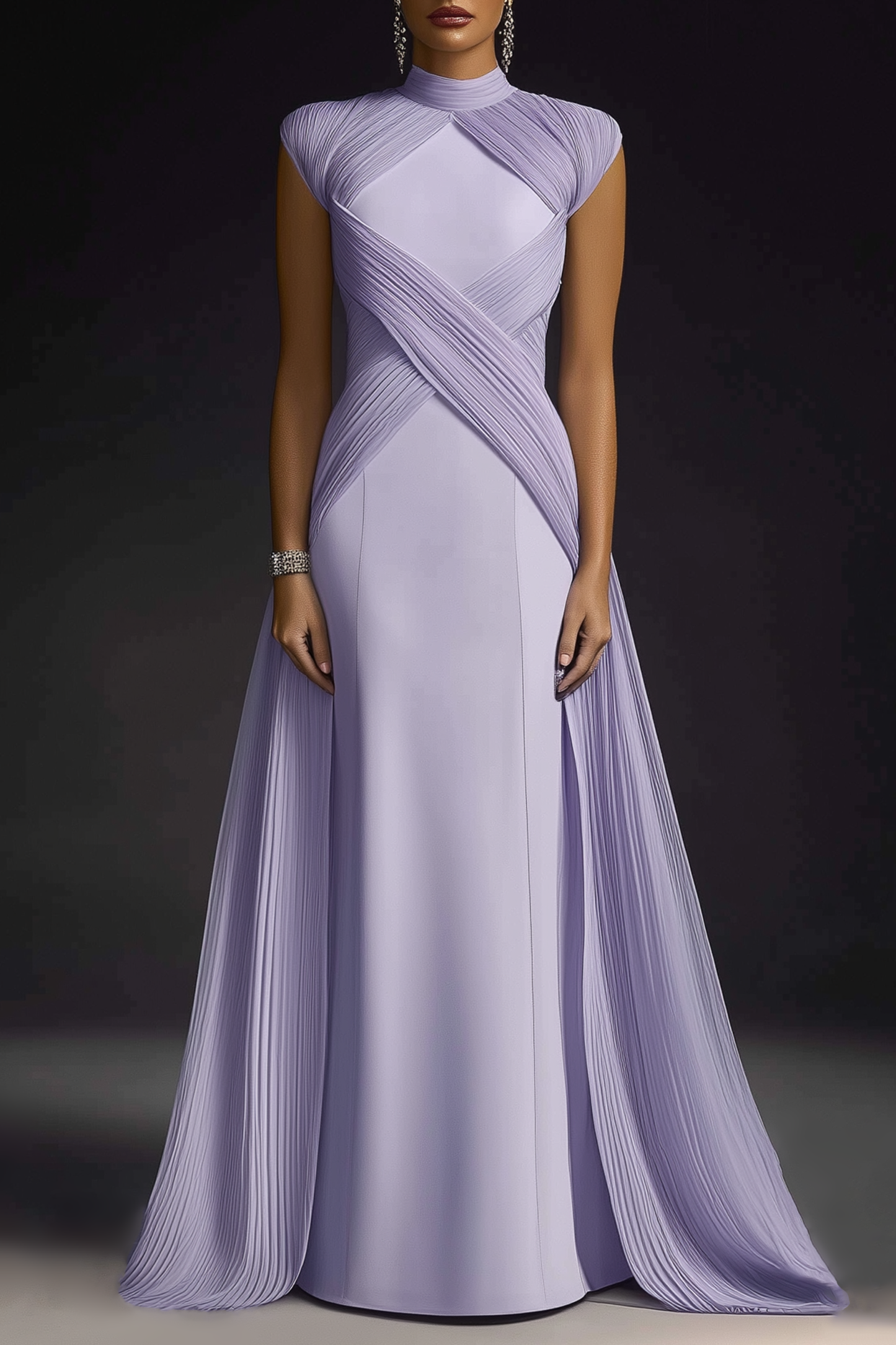 Formal Evening Dress Purple Stand Collar Pleated Train Gown