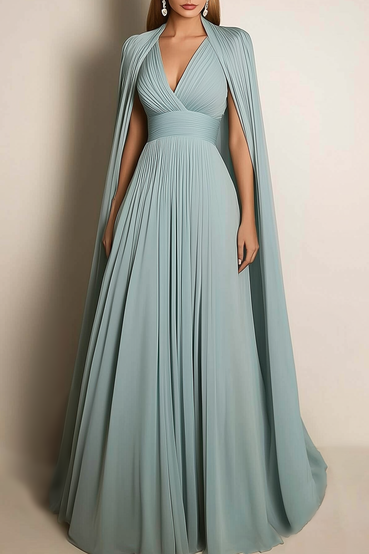 Formal Evening Dress Light Green V-Neck Pleated Cape Floor-Length Gown