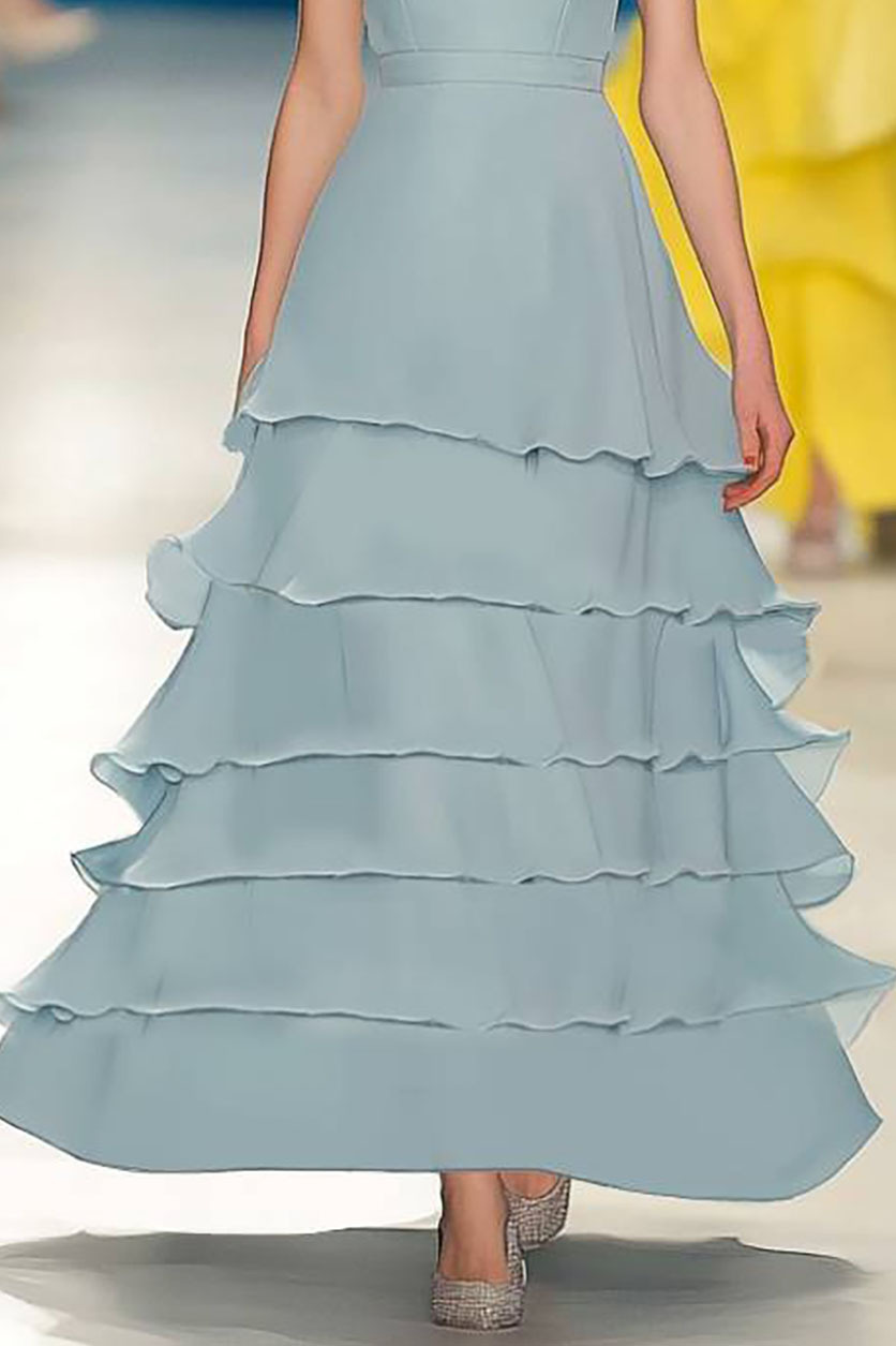 Party Tiered Dress Light Blue Strapless A-Line Maxi Dress
