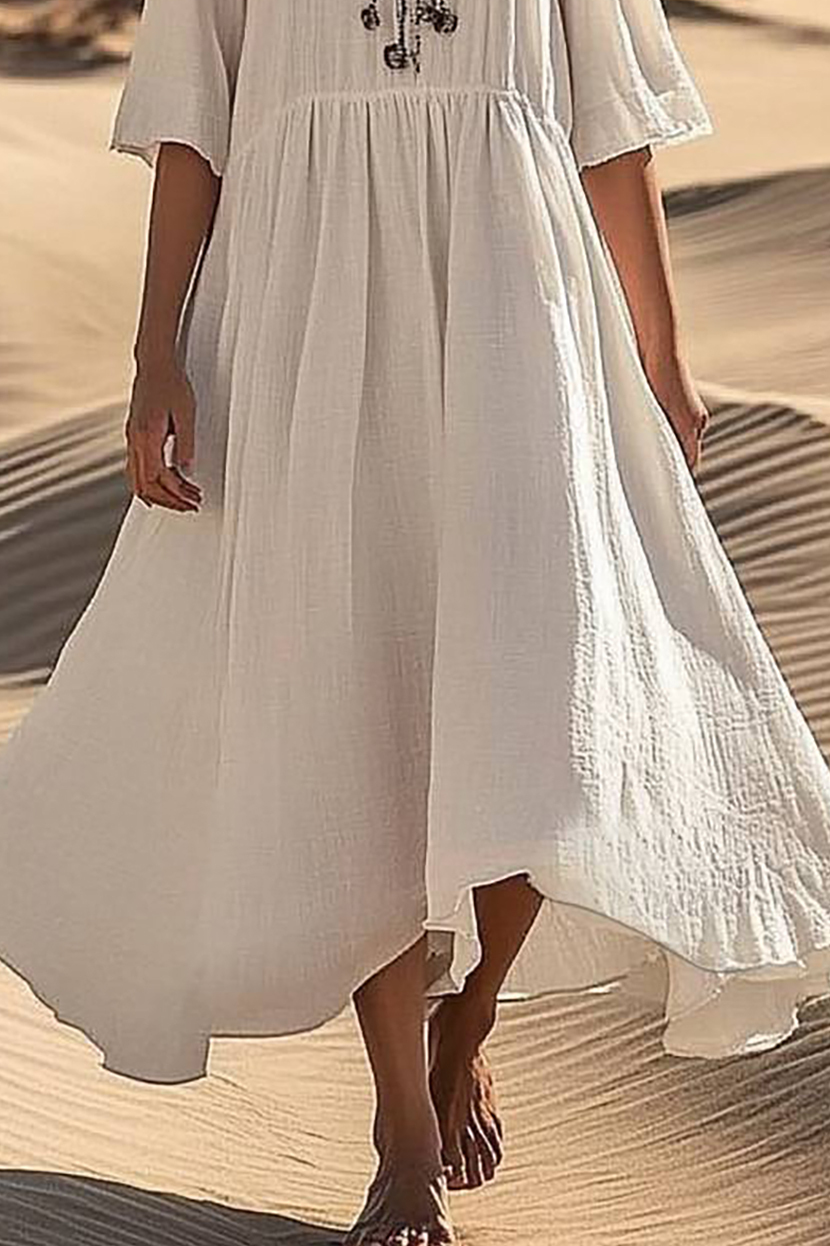 Bohemian Casual Dress Beige Linen Loose Half-Sleeve Maxi Dress