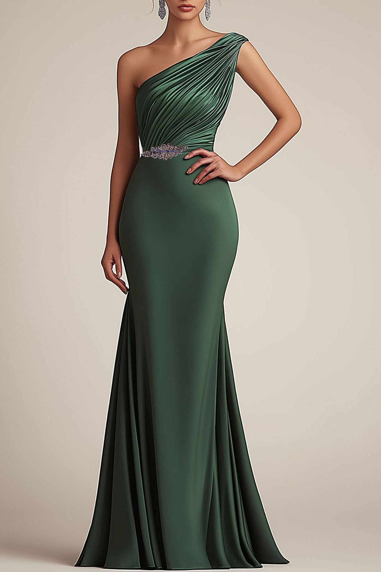Formal Evening Dress Green One Shoulder Pleated Mermaid Floor-Length Gown