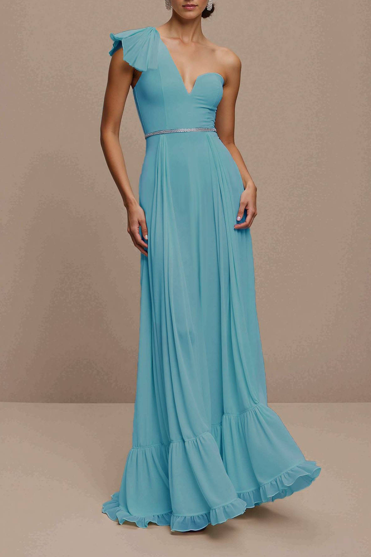 Party One Shoulder Dress Light Blue Belted Ruffle Floor Length Dress