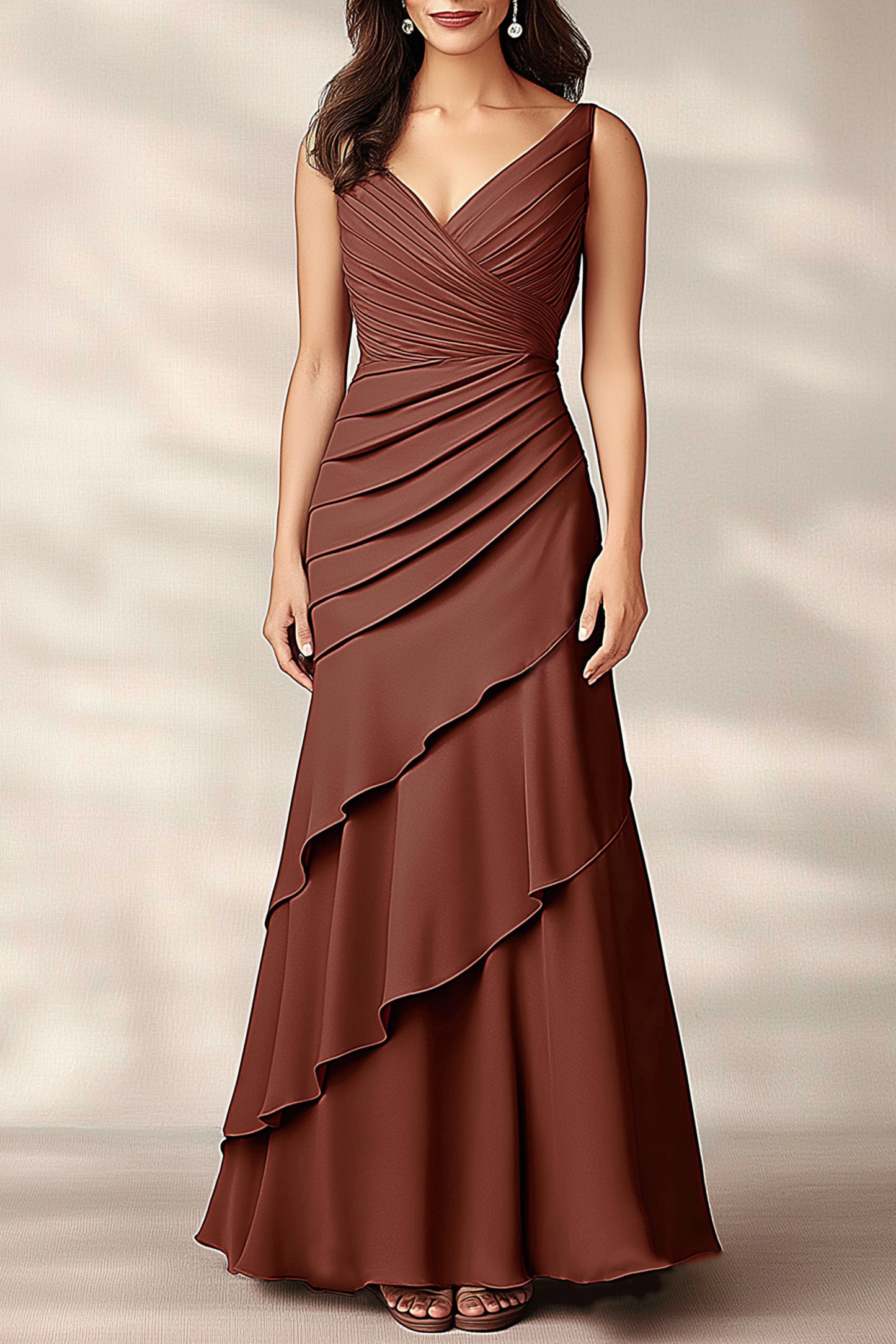 Party Tiered Dress Brown Sleeveless Maxi Dress