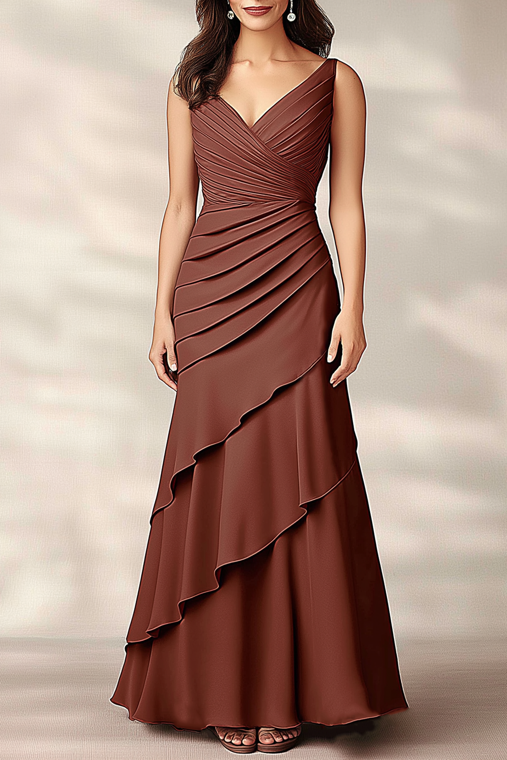 Party Tiered Dress Brown Sleeveless Maxi Dress