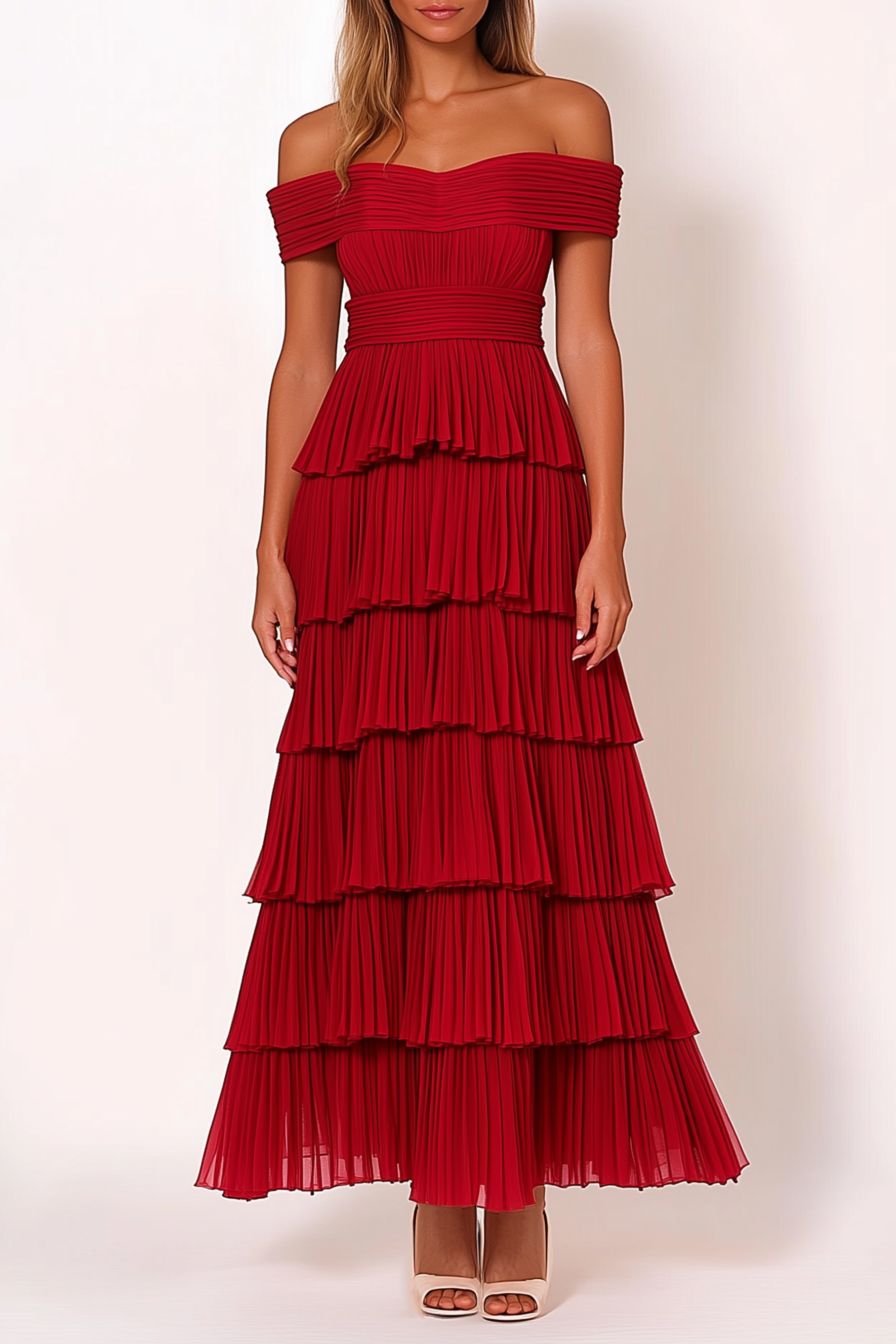 Party Tiered Dress Red Off Shoulder Pleated Maxi Dress