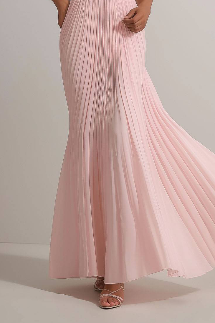 Party Dress Pink Deep V Sleeveless Pleated Maxi Dress