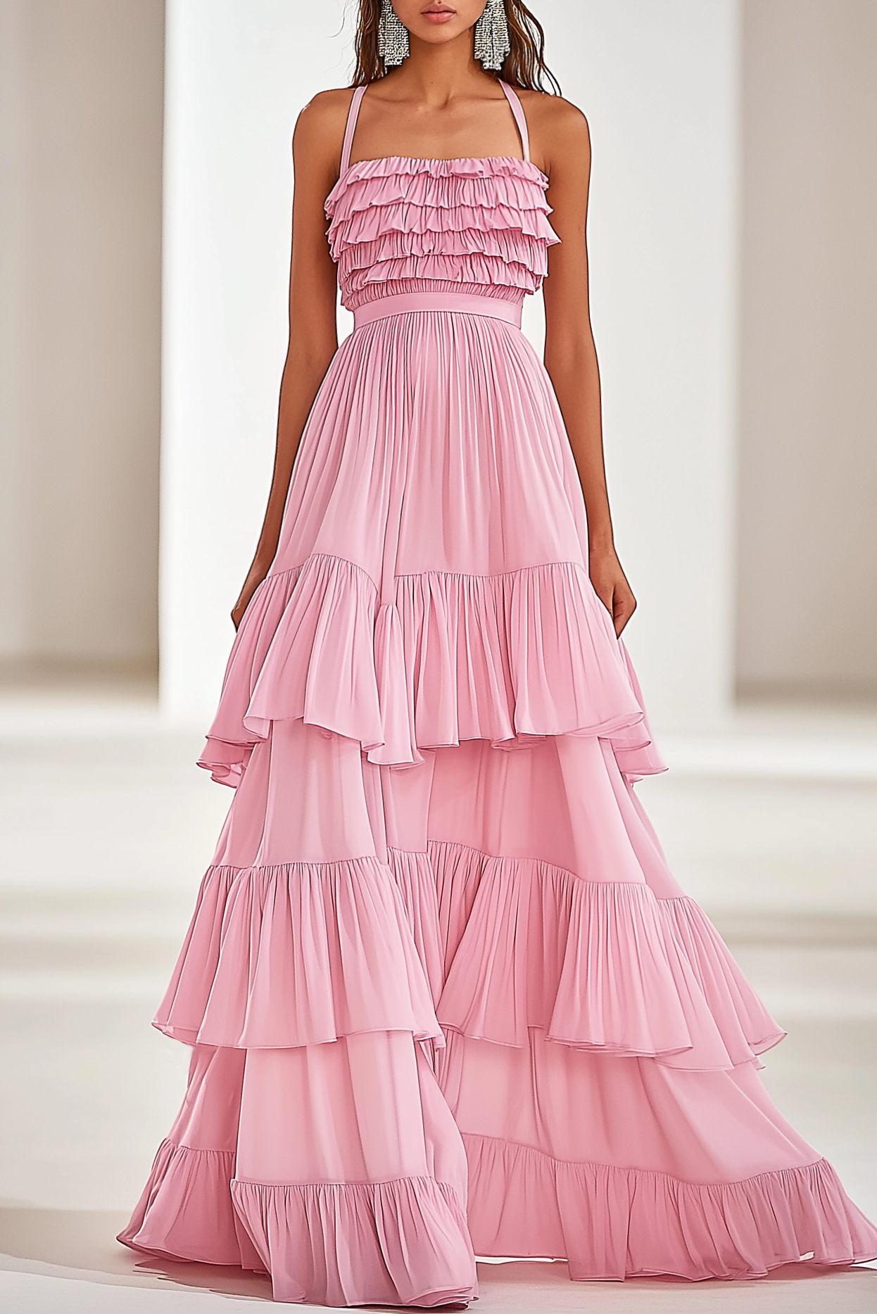 Vacation Party Tiered Dress Pink Spaghetti Strap Ruffle Floor Dress