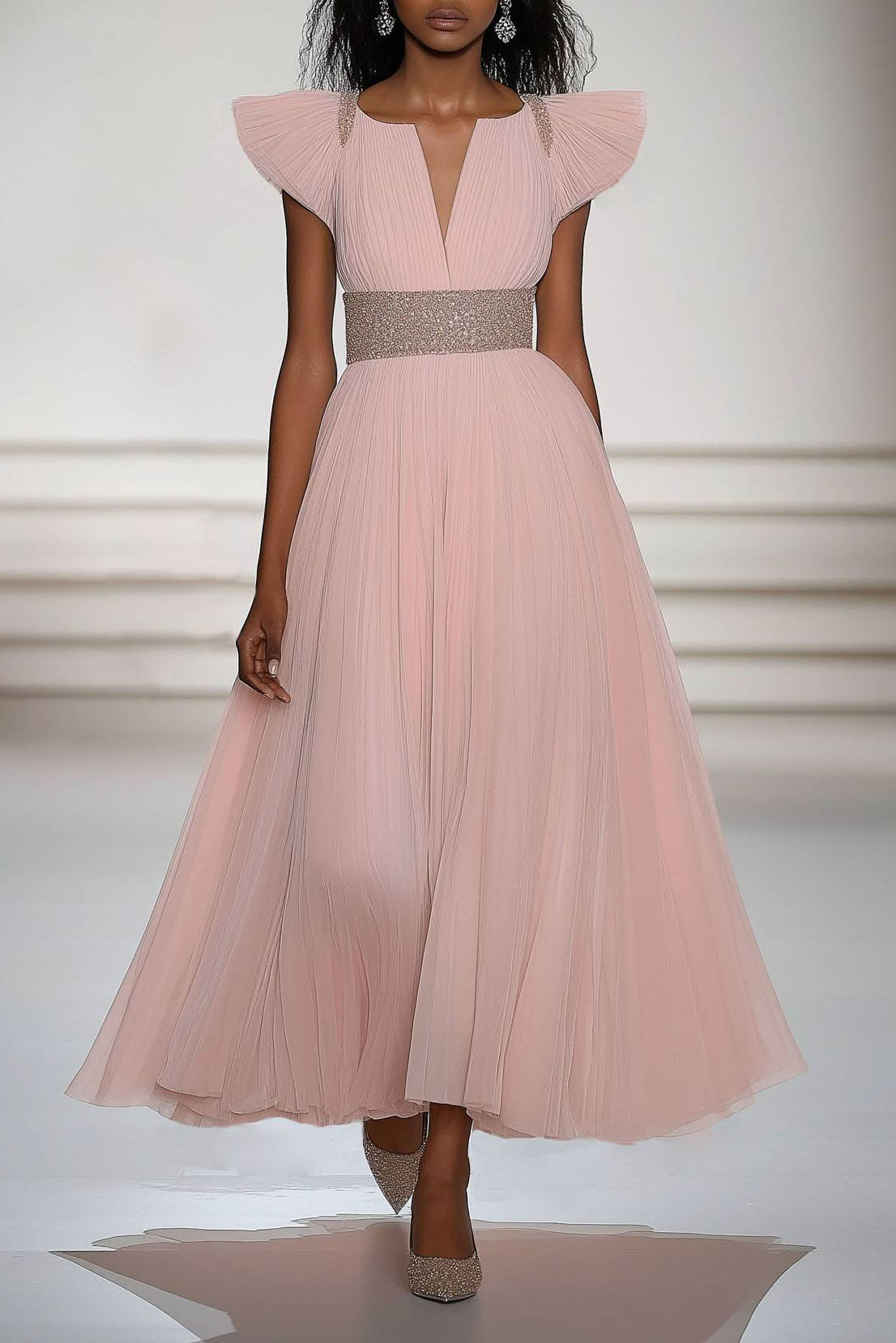 Party Dress Pink Chiffon V Neck Belted Maxi Dress