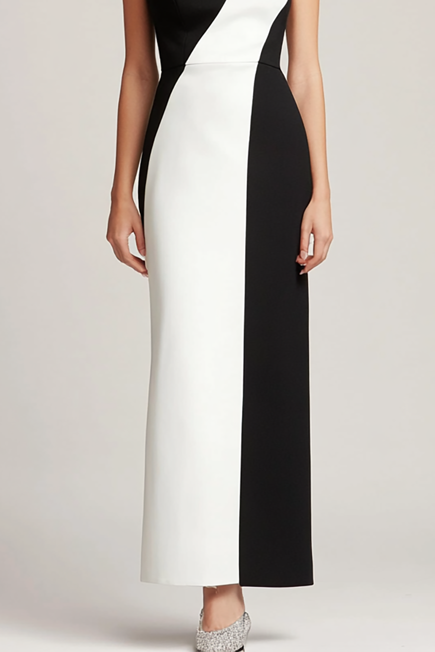 Evening One-Shoulder Color Block Dress Black White Asymmetrical Maxi Dress
