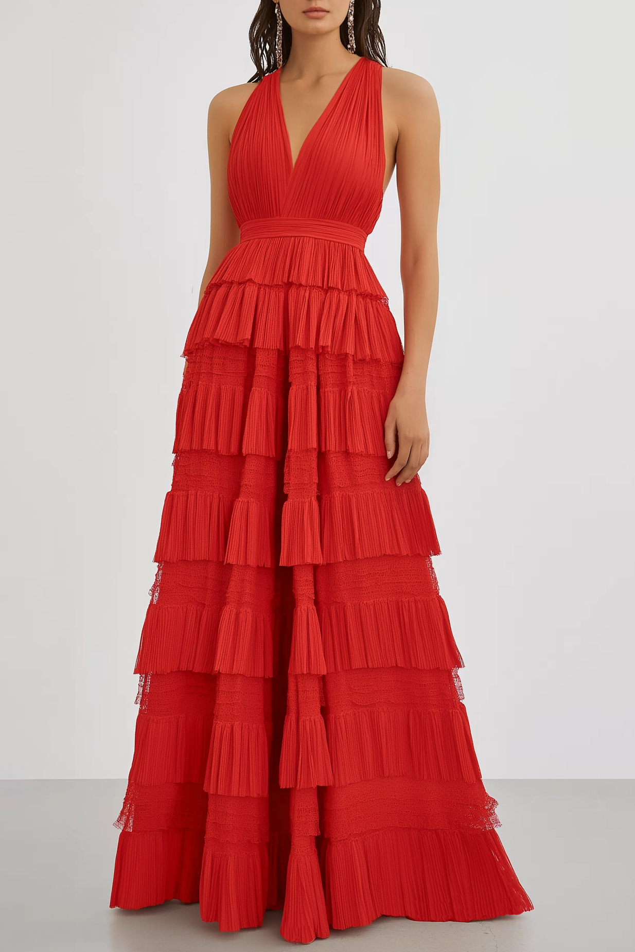 Prom Party Tiered Dress Red Halter V Neck Floor Dress