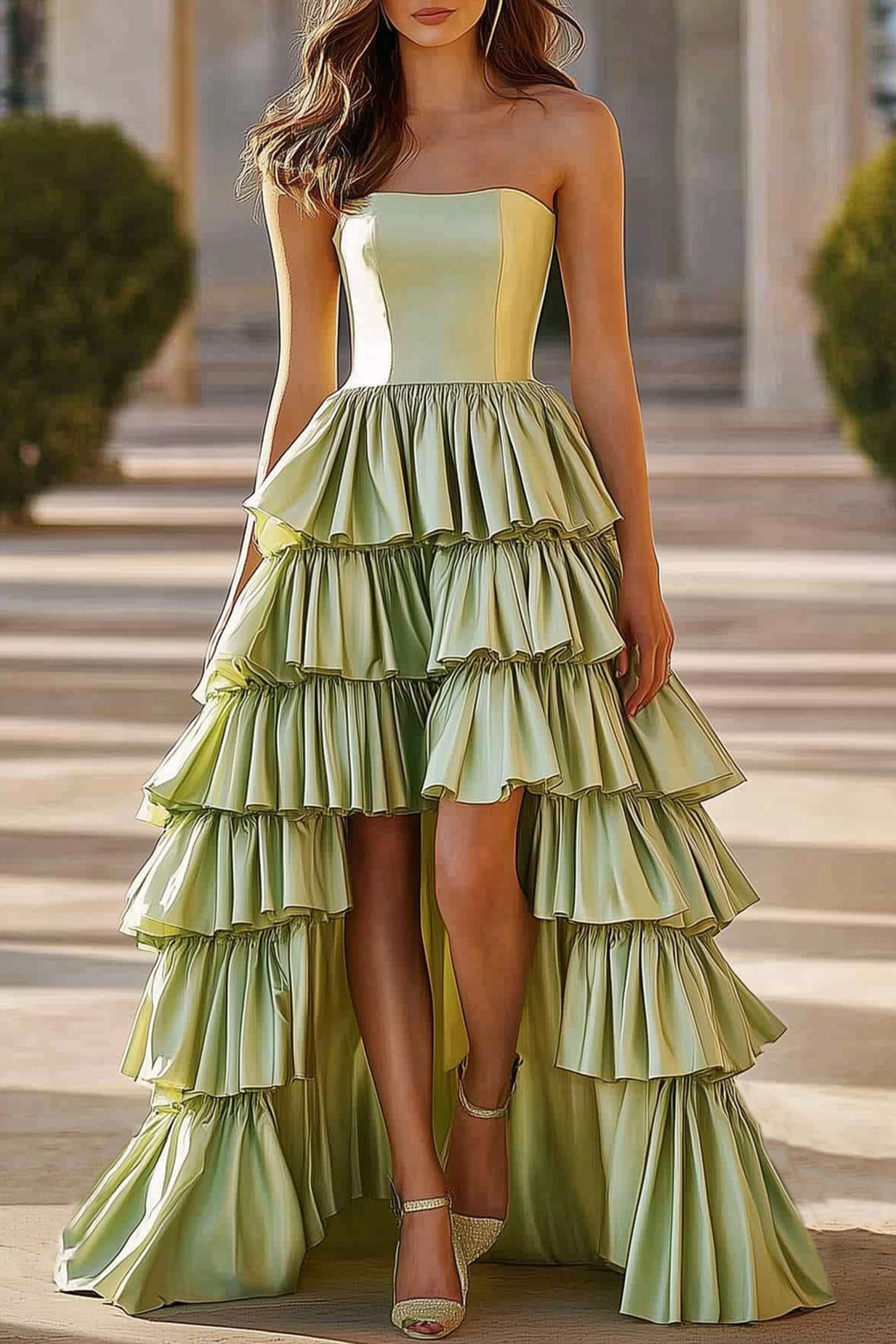 Prom Party Tiered Dress Light Green Strapless High Low Floor Dress