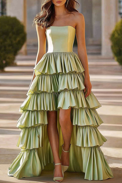Prom Party Tiered Dress Light Green Strapless High Low Floor Dress