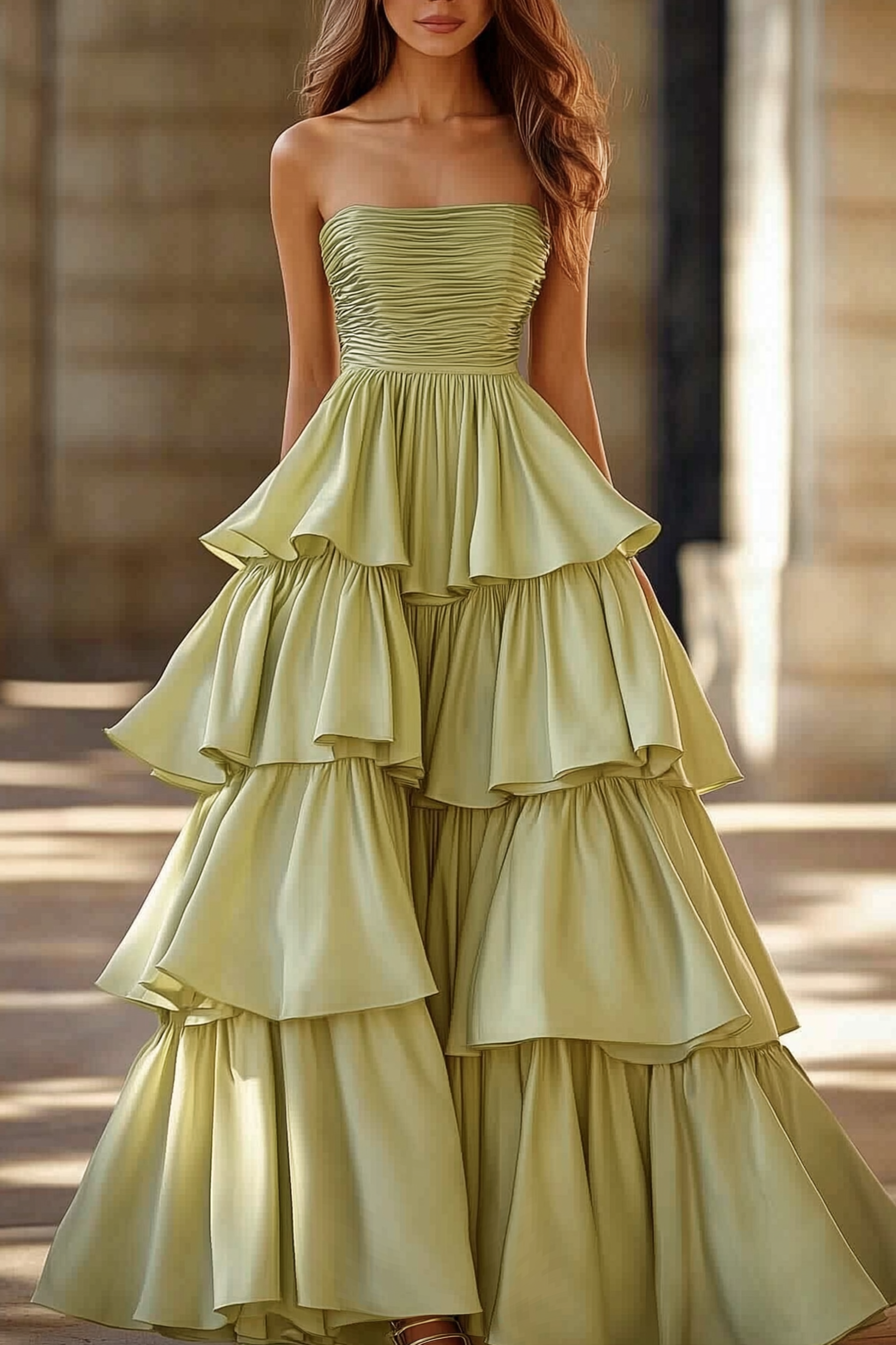 Formal Prom Tiered Dress Light Green Strapless Floor Dress