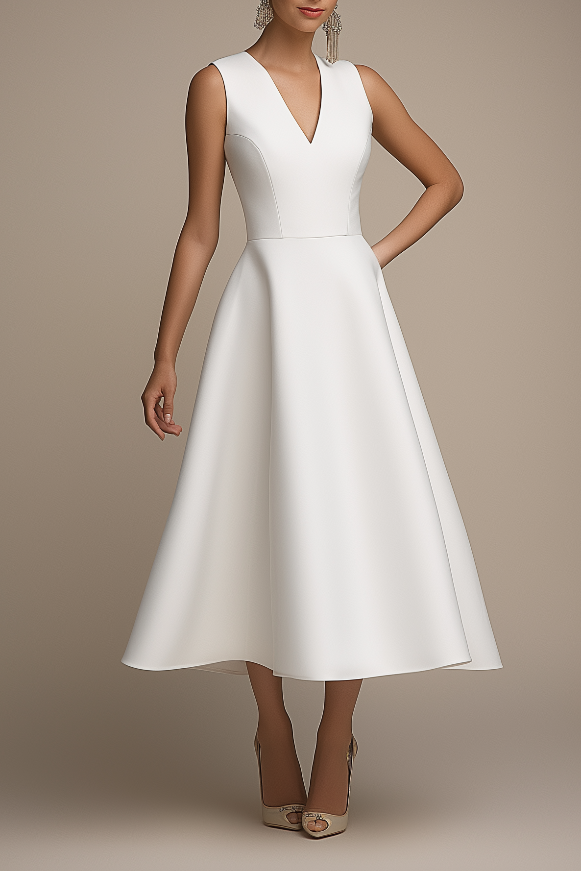 Work Party Dress White V Neck Sleeveless A-Line Midi Dress