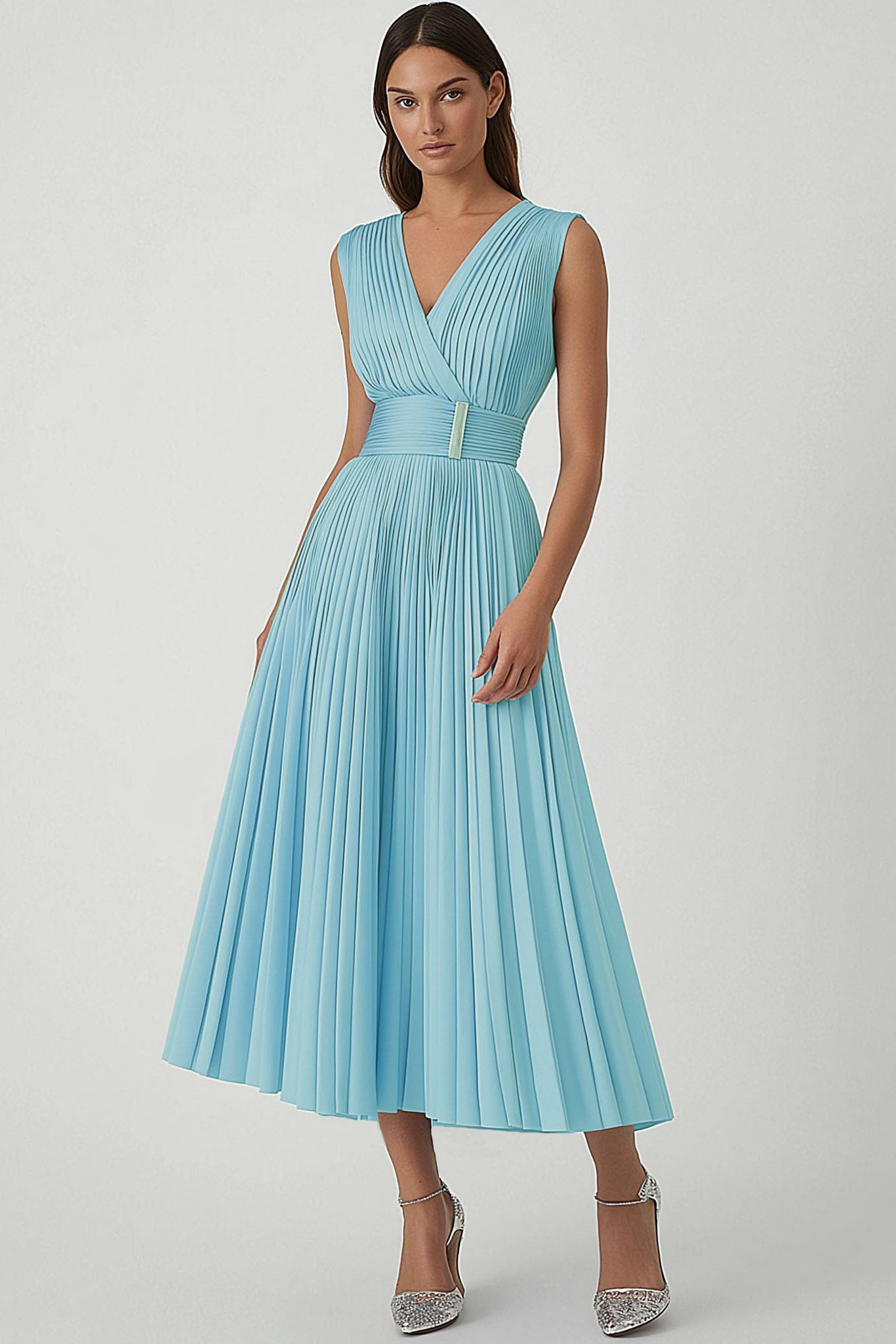 Party Semi Formal Dress Light Blue Sleeveless A-Line Pleated Midi Dress
