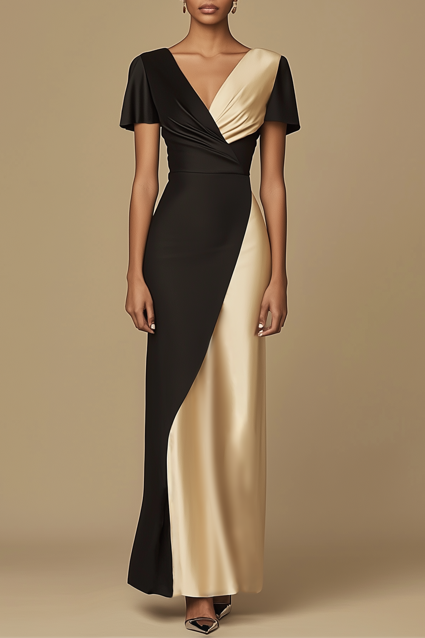 Formal Evening Satin Dress Black Champagne V Neck Maxi Dress