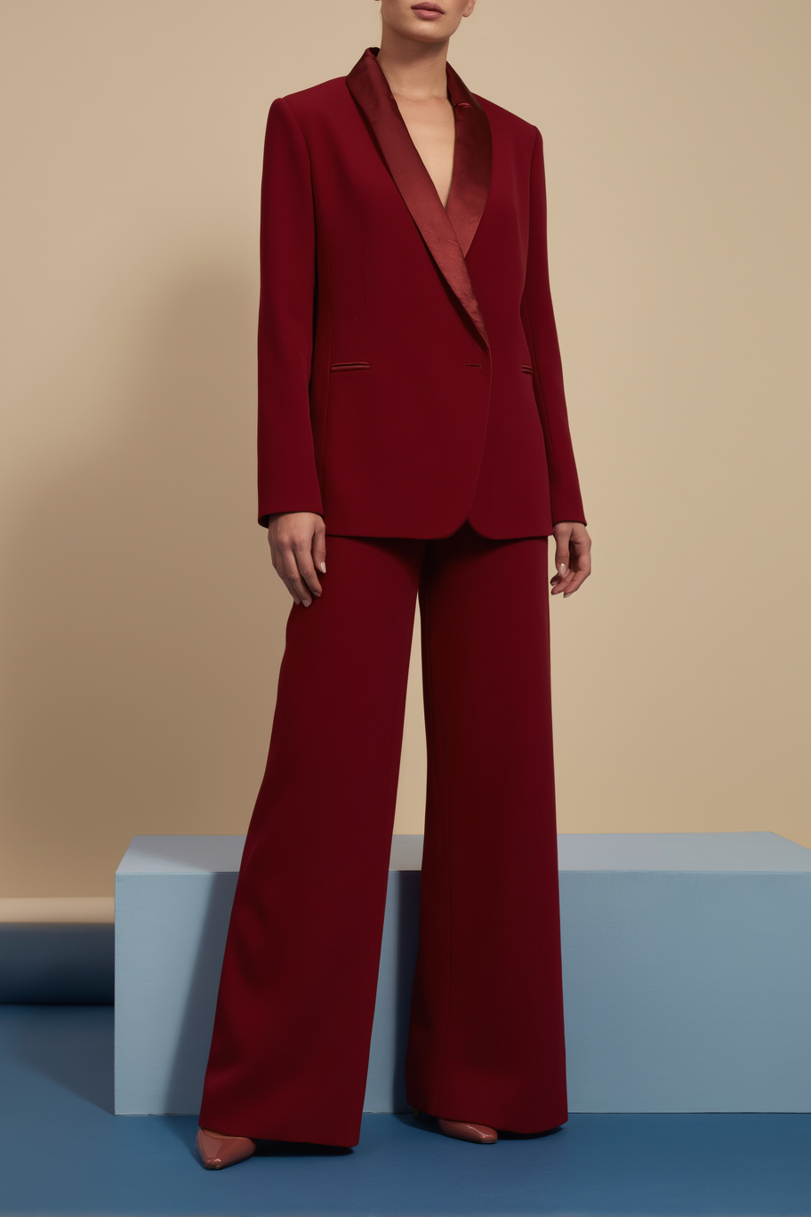 Work Formal Blazer Suit Set Red Lapel Long Sleeve Pantsuit
