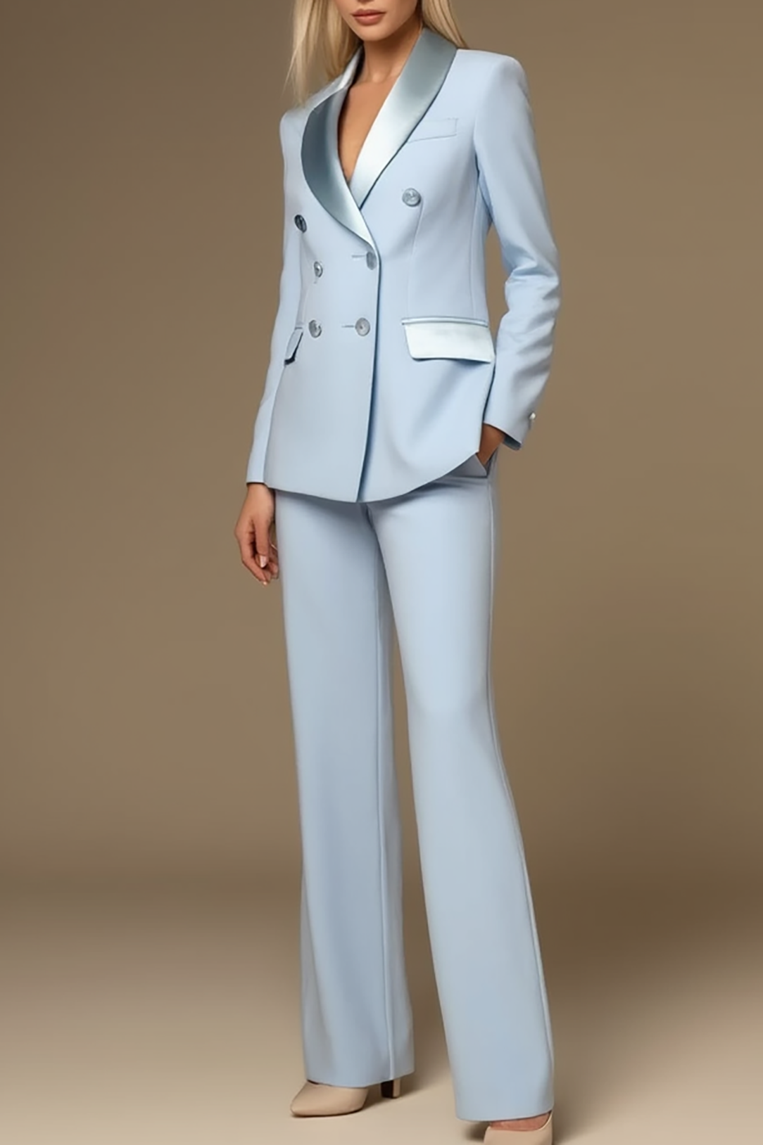 Work Formal Blazer Suit Set Light Blue Lapel Long Sleeve Pantsuit