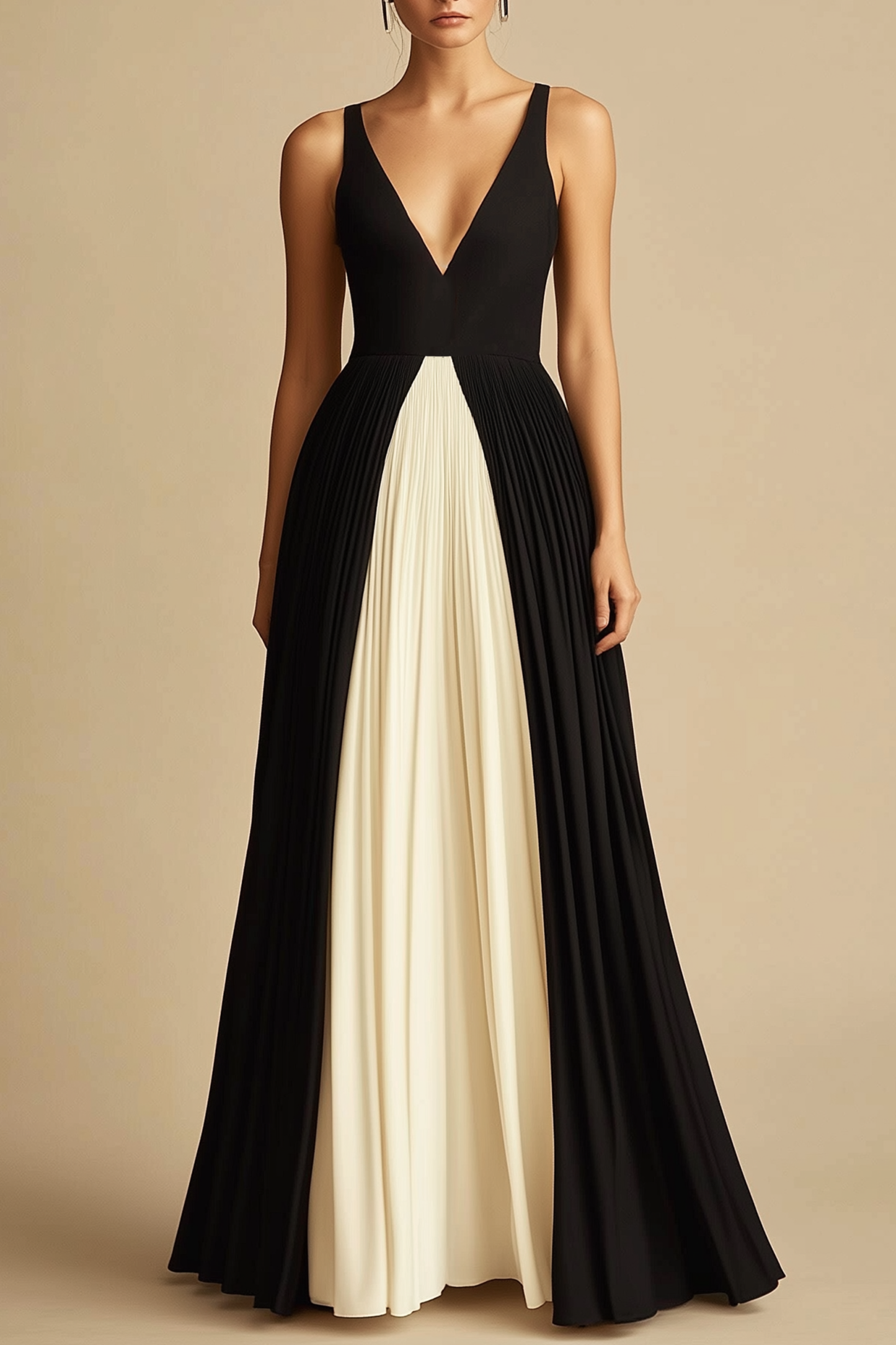 Formal Evening Dress Black Beige Spaghetti Strap Deep V Maxi Dress