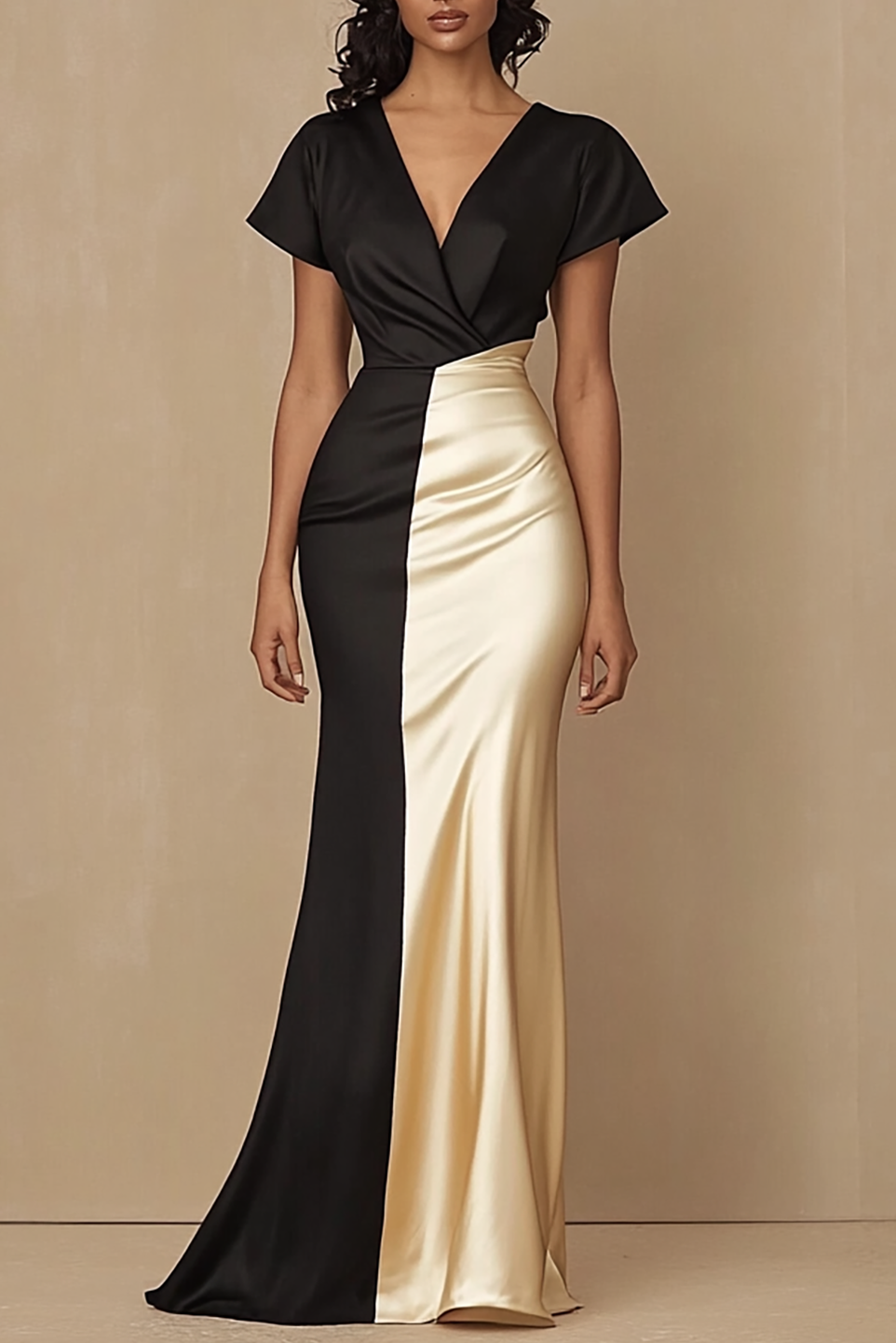 Formal Evening Dress Black Champagne Satin Floor Length Dress