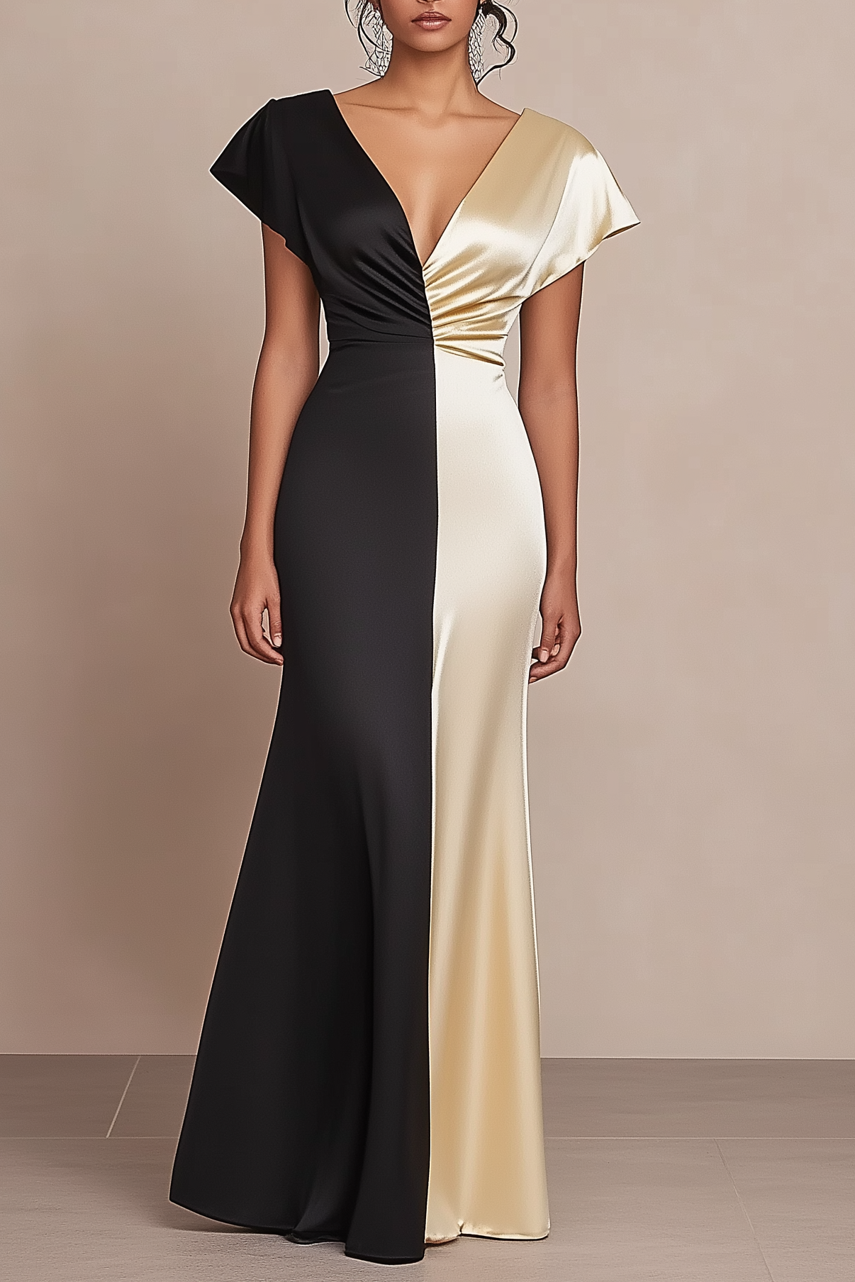 Formal Evening Dress Black Champagne Satin Floor Length Dress