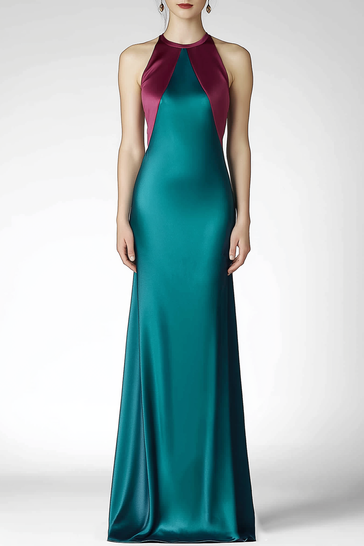 Formal Evening Halter Neck Dress Green Satin Floor Dress