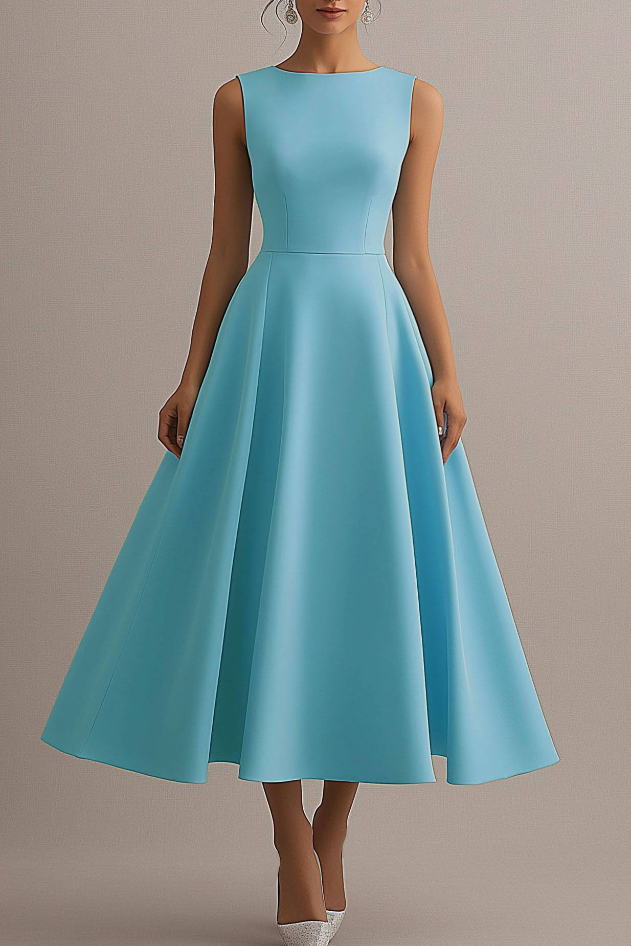 Party Dress Light Blue Round Neck Sleeveless A-Line Midi Dress
