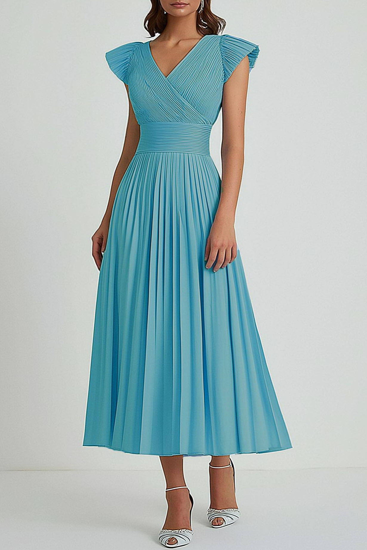 Party Dress Light Blue Round Neck Pleated A-Line Midi Dress