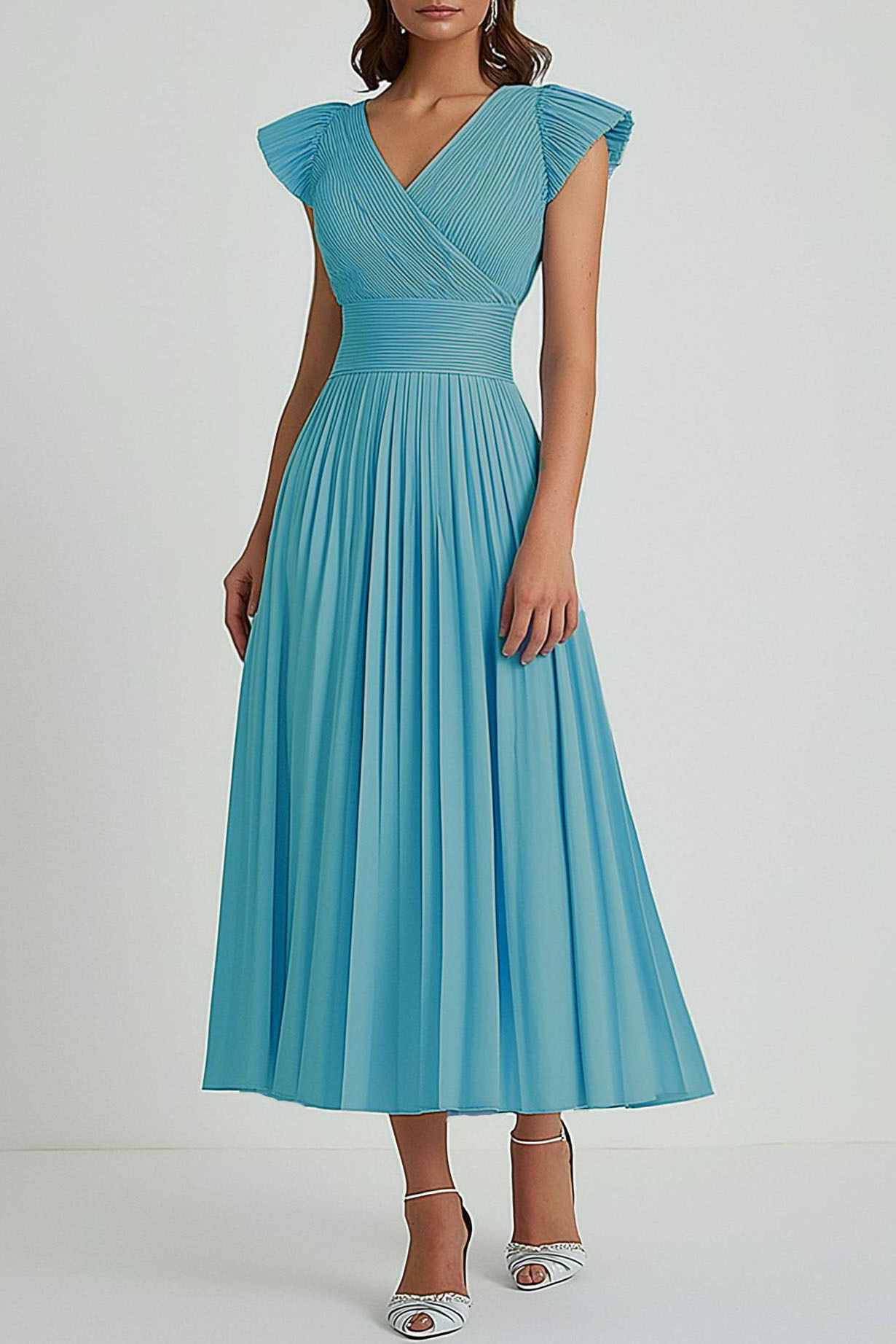 Party Dress Light Blue Round Neck Pleated A-Line Midi Dress