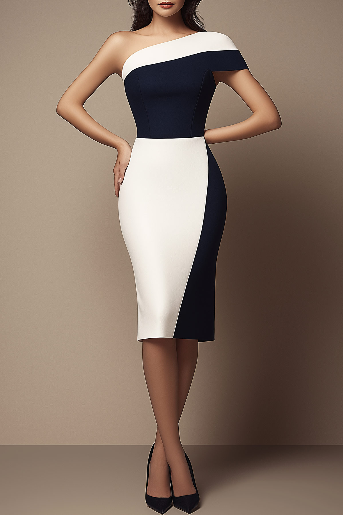 Work Dress Navy White One Shoulder Bodycon Knee Dress