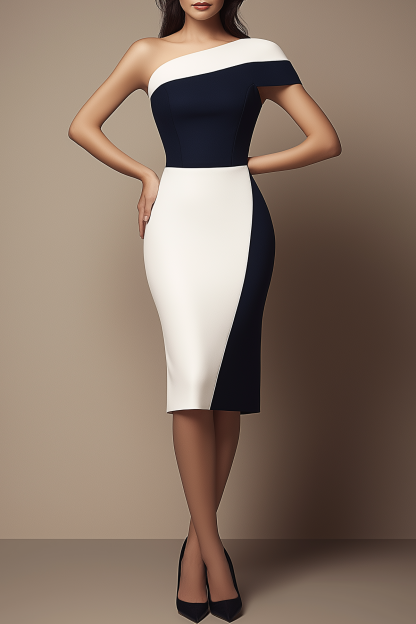 Work Dress Navy White One Shoulder Bodycon Knee Dress