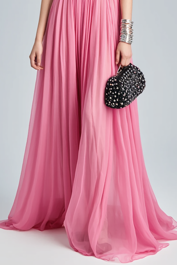 Holiday Evening Dress Pink Strapless Ruched Floor Chiffon Dress