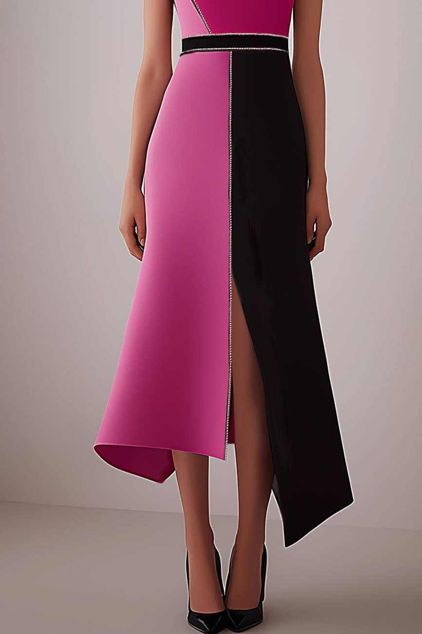 Business Party Dress High-Neck Black and Pink Asymmetrical Slit Midi Dress